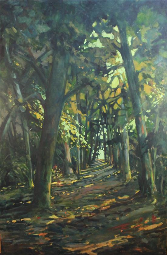 Louis Stroh van der Walt (South African b.962) Avenue of trees dappled by sunlight 137 x 91cm., unframed